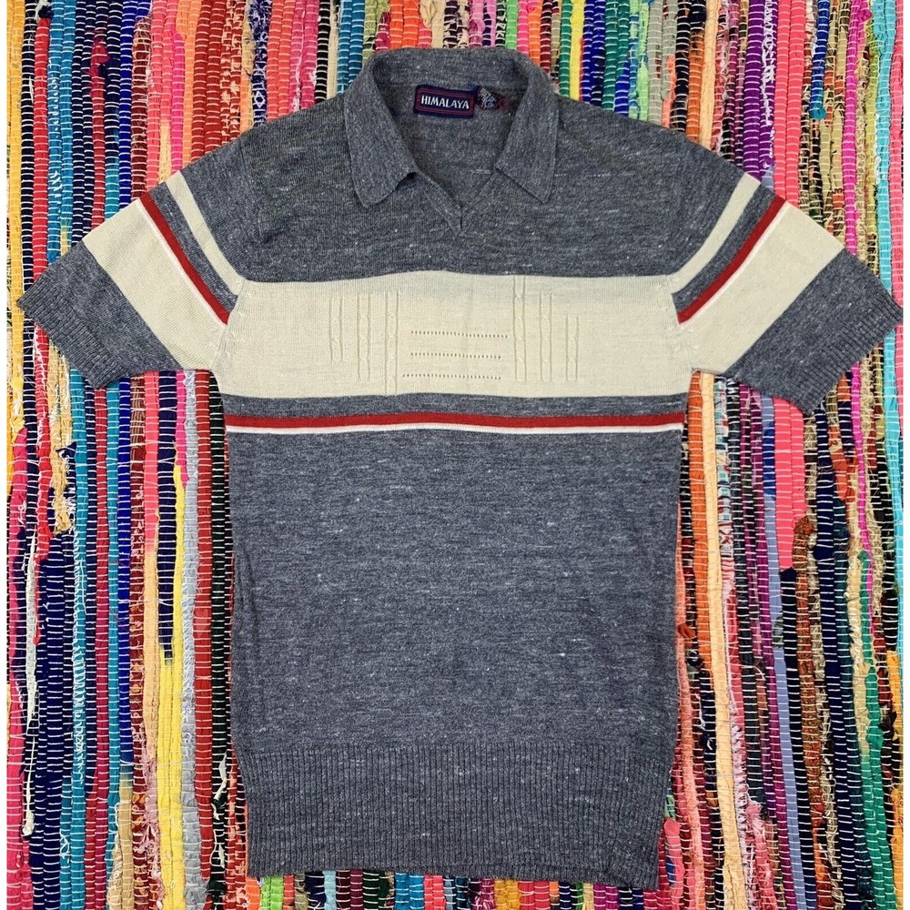 Himalaya Women’s Shirt Sz M Gray White Short Sleeve V-Neck Knit Stripped
